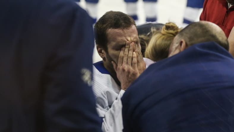 Feb 7, 2024; New York, New York, USA; Tampa Bay Lightning defenseman Mikhail Sergachev (98) reacts after suffering an injury in the second period against the New York Rangers at Madison Square Garden. Mandatory Credit: Wendell Cruz-USA TODAY Sports