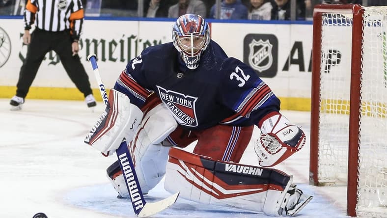 Feb 7, 2024; New York, New York, USA; New York Rangers goaltender Jonathan Quick (32) watches the puck in the third period against the Tampa Bay Lightning at Madison Square Garden. Mandatory Credit: Wendell Cruz-USA TODAY Sports