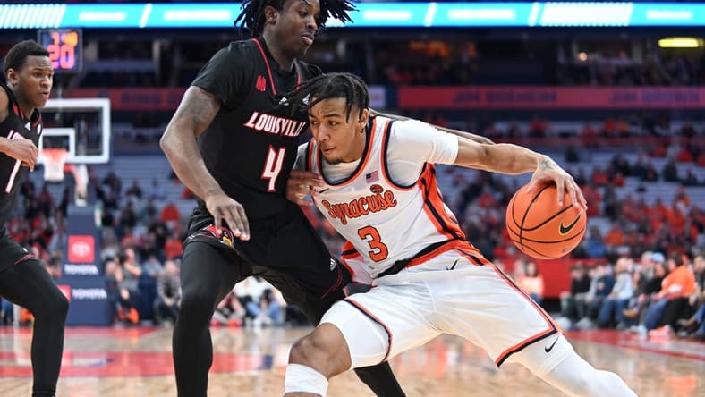 Feb 7, 2024; Syracuse, New York, USA; Syracuse Orange guard Judah Mintz (3) posts up against Louisville Cardinals guard Ty-Laur Johnson (4) in the second half at the JMA Wireless Dome. Mandatory Credit: Mark Konezny-USA TODAY Sports
