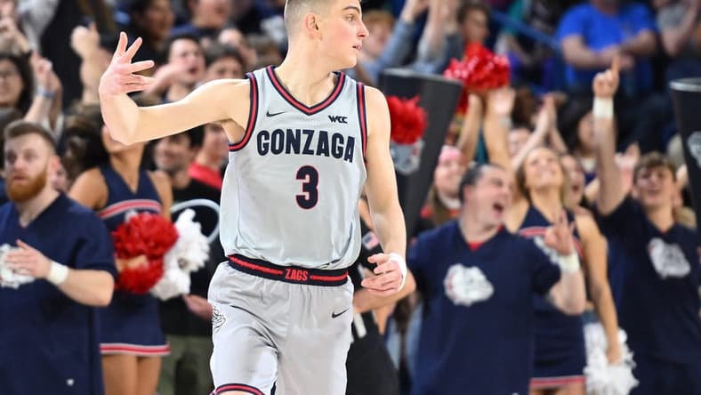 Feb 7, 2024; Spokane, Washington, USA; Gonzaga Bulldogs guard Luka Krajnovic (3) celebrates a three-pointer against the Portland Pilots in the second half at McCarthey Athletic Center. Gonzaga Bulldogs won 96-64. Mandatory Credit: James Snook-USA TODAY Sports