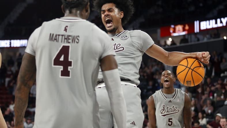 Feb 7, 2024; Starkville, Mississippi, USA; Mississippi State Bulldogs forward Tolu Smith (1) reacts after a dunk during the second half against the Georgia Bulldogs at Humphrey Coliseum. Mandatory Credit: Petre Thomas-USA TODAY Sports