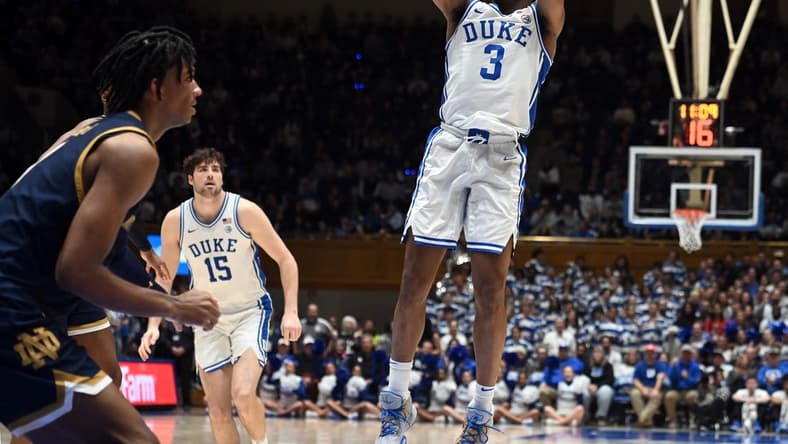 Feb 7, 2024; Durham, North Carolina, USA; Duke Blue Devils guard Jeremy Roach (3) shoots during the second half against the Notre Dame Fighting Irish at Cameron Indoor Stadium. The Blue Devils won 71-53.Mandatory Credit: Rob Kinnan-USA TODAY Sports