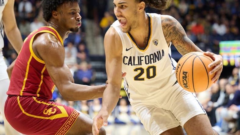 Feb 7, 2024; Berkeley, California, USA; California Golden Bears guard Jaylon Tyson (20) dribbles the ball against USC Trojans guard Bronny James (6) during the first half at Haas Pavilion. Mandatory Credit: Robert Edwards-USA TODAY Sports
