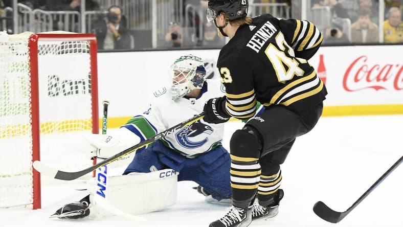 Feb 8, 2024; Boston, Massachusetts, USA; Boston Bruins left wing Danton Heinen (43) scores a shorthanded goal past Vancouver Canucks goaltender Thatcher Demko (35) during the first period at TD Garden. Mandatory Credit: Bob DeChiara-USA TODAY Sports
