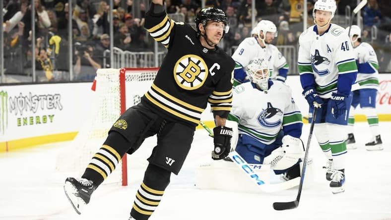 Feb 8, 2024; Boston, Massachusetts, USA; Boston Bruins left wing Brad Marchand (63) reacts after scoring a goal during the first period against the Vancouver Canucks at TD Garden. Mandatory Credit: Bob DeChiara-USA TODAY Sports
