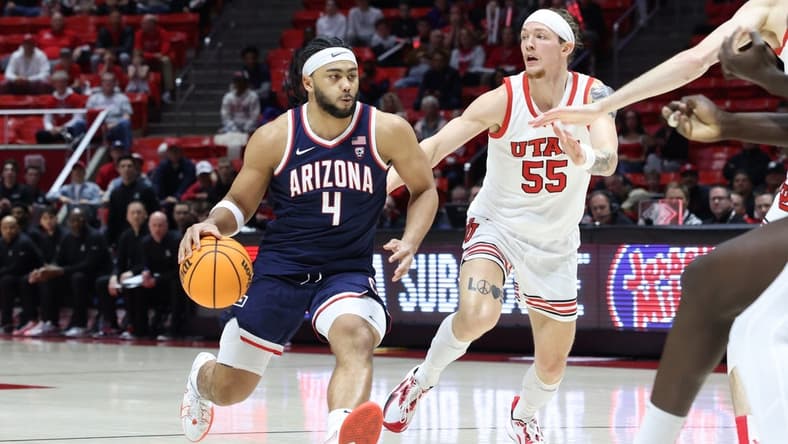 Feb 8, 2024; Salt Lake City, Utah, USA; Arizona Wildcats guard Kylan Boswell (4) brings the ball up the court against Utah Utes guard Gabe Madsen (55) during the first half at Jon M. Huntsman Center. Mandatory Credit: Rob Gray-USA TODAY Sports