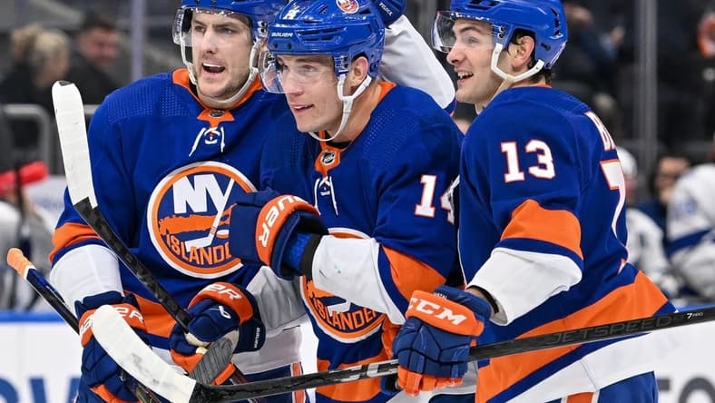 Feb 8, 2024; Elmont, New York, USA; New York Islanders defenseman Ryan Pulock (6) and New York Islanders center Mathew Barzal (13) celebrate the goal by New York Islanders center Bo Horvat (14) against the Tampa Bay Lightning during the second period at UBS Arena. Mandatory Credit: Dennis Schneidler-USA TODAY Sports