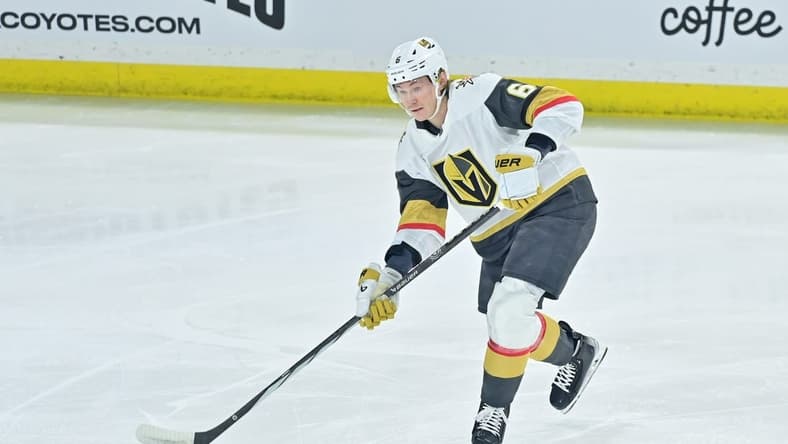Feb 8, 2024; Tempe, Arizona, USA; Vegas Golden Knights defenseman Kaedan Korczak (6) passes the puck in the first period against the Arizona Coyotes at Mullett Arena. Mandatory Credit: Matt Kartozian-USA TODAY Sports