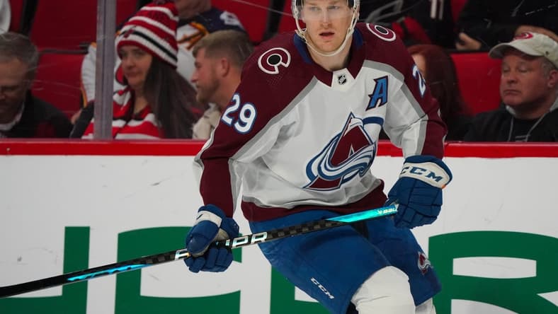 Feb 8, 2024; Raleigh, North Carolina, USA; Colorado Avalanche center Nathan MacKinnon (29) skates against the Carolina Hurricanes during the third period at PNC Arena. Mandatory Credit: James Guillory-USA TODAY Sports