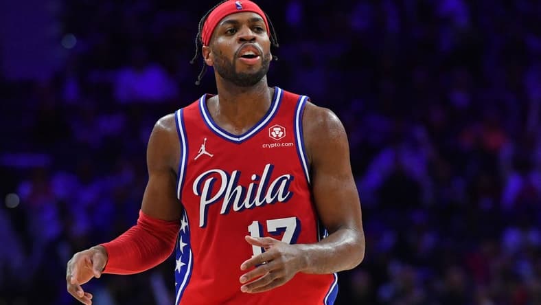 Feb 9, 2024; Philadelphia, Pennsylvania, USA; Philadelphia 76ers guard Buddy Hield (17) against the Atlanta Hawks during the third quarter at Wells Fargo Center. Mandatory Credit: Eric Hartline-USA TODAY Sports
