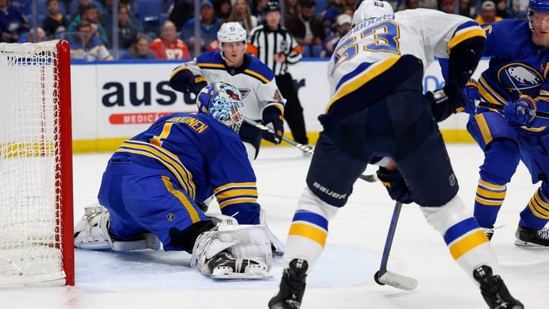 Feb 10, 2024; Buffalo, New York, USA; St. Louis Blues left wing Jake Neighbours (63) scores on a backhanded shot against Buffalo Sabres goaltender Ukko-Pekka Luukkonen (1) during the first period at KeyBank Center. Mandatory Credit: Timothy T. Ludwig-USA TODAY Sports