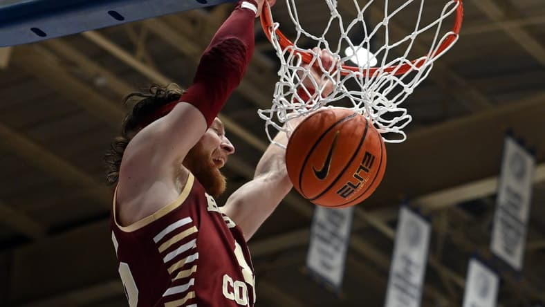 Feb 10, 2024; Durham, North Carolina, USA; Boston College Eagles guard Mason Madsen (45) dunks against the Duke Blue Devils during the first half at Cameron Indoor Stadium. Mandatory Credit: Rob Kinnan-USA TODAY Sports