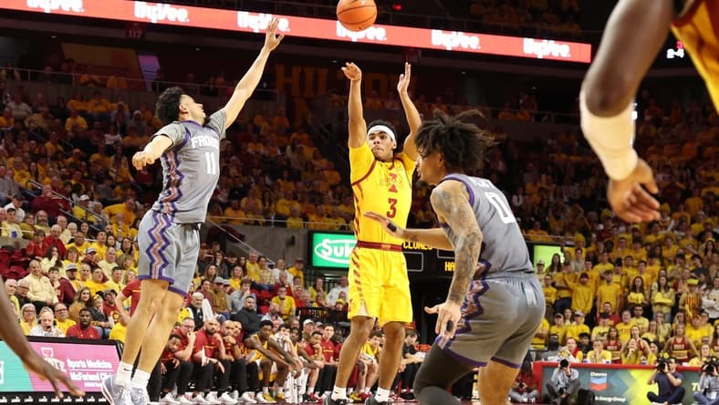 Feb 10, 2024; Ames, Iowa, USA; Iowa State Cyclones guard Tamin Lipsey (3) shoots over TCU Horned Frogs guard Trevian Tennyson (11) during the first half at James H. Hilton Coliseum. Mandatory Credit: Reese Strickland-USA TODAY Sports