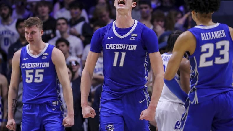 Feb 10, 2024; Cincinnati, Ohio, USA; Creighton Bluejays center Ryan Kalkbrenner (11) reacts after a play against the Xavier Musketeers in the second half at Cintas Center. Mandatory Credit: Katie Stratman-USA TODAY Sports
