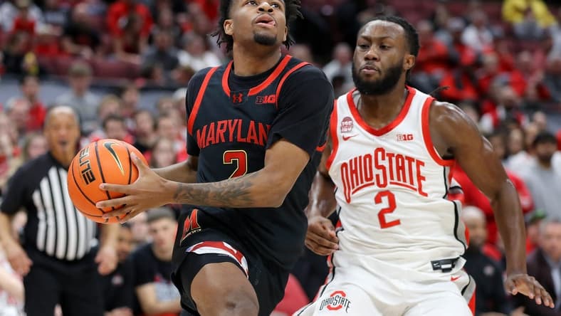 Feb 10, 2024; Columbus, Ohio, USA;  Maryland Terrapins guard Jahari Long (2) drives against Ohio State Buckeyes guard Bruce Thornton (2) during the first half at Value City Arena. Mandatory Credit: Joseph Maiorana-USA TODAY Sports