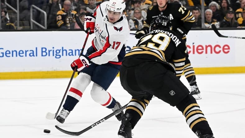 Feb 10, 2024; Boston, Massachusetts, USA; Washington Capitals center Dylan Strome (17) takes a shot in front of Boston Bruins defenseman Parker Wotherspoon (29) during the second period at the TD Garden. Mandatory Credit: Brian Fluharty-USA TODAY Sports
