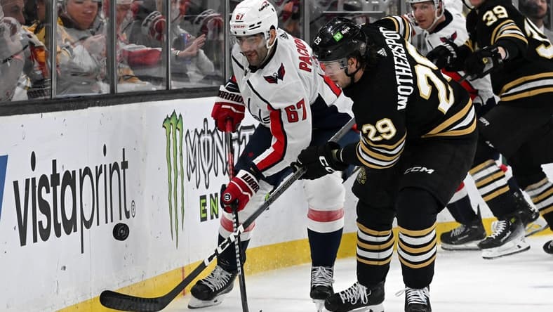 Feb 10, 2024; Boston, Massachusetts, USA; Washington Capitals left wing Max Pacioretty (67) and Boston Bruins defenseman Derek Forbort (28) battle for the puck during the second period at the TD Garden. Mandatory Credit: Brian Fluharty-USA TODAY Sports