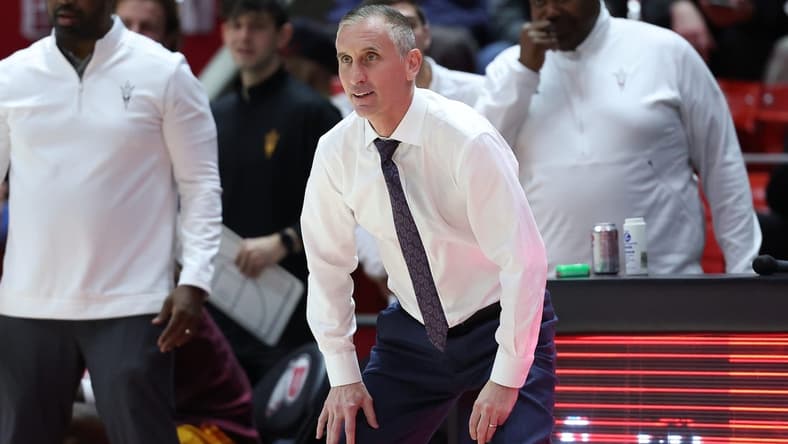 Feb 10, 2024; Salt Lake City, Utah, USA; Arizona State Sun Devils head coach Bobby Hurley looks on against the Utah Utes during the second half at Jon M. Huntsman Center. Mandatory Credit: Rob Gray-USA TODAY Sports