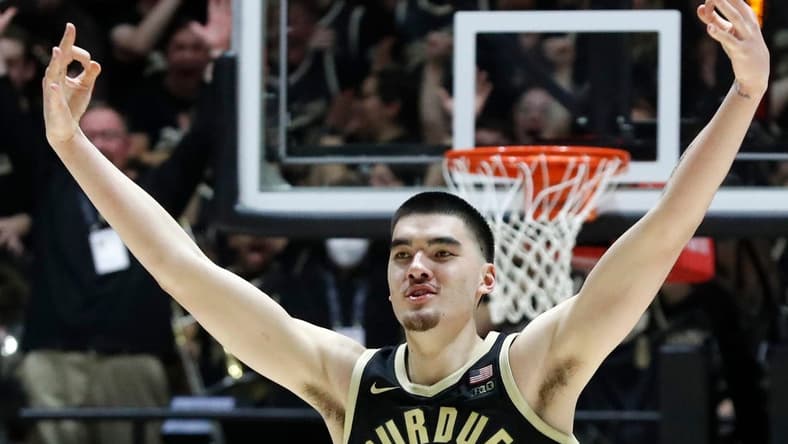 Purdue Boilermakers center Zach Edey (15) reacts after making a three-point shot during the NCAA men s basketball game against the Indiana Hoosiers, Saturday, Feb. 10, 2024, at Mackey Arena in West Lafayette, Ind. Purdue Boilermakers won 79-59.