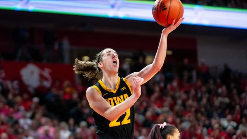 Iowa's Caitlin Clark takes a shot at the basket against Nebraska Sunday, Feb. 11, 2024, at Pinnacle Bank Arena.
