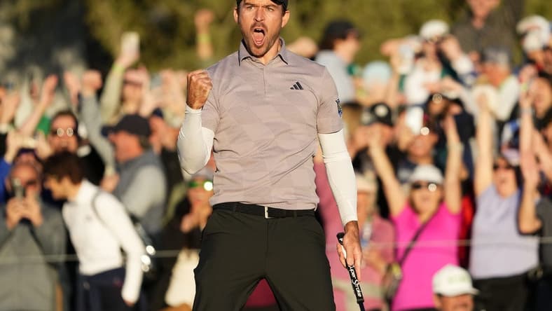 Feb 11, 2024; Scottsdale, AZ, USA; Nick Taylor reacts after making his birdie putt to force a playoff with Charley Hoffman
on the 18th hole during the final round of the WM Phoenix Open at TPC Scottsdale. Mandatory Credit: Rob Schumacher-Arizona Republic