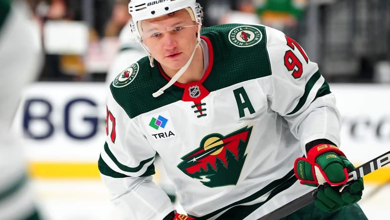 Feb 12, 2024; Las Vegas, Nevada, USA; Minnesota Wild left wing Kirill Kaprizov (97) warms up before a game against the Vegas Golden Knights at T-Mobile Arena. Mandatory Credit: Stephen R. Sylvanie-USA TODAY Sports