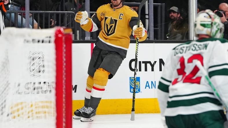 Feb 12, 2024; Las Vegas, Nevada, USA; Vegas Golden Knights right wing Mark Stone (61) celebrates after scoring a goal against the Minnesota Wild during the third period at T-Mobile Arena. Mandatory Credit: Stephen R. Sylvanie-USA TODAY Sports