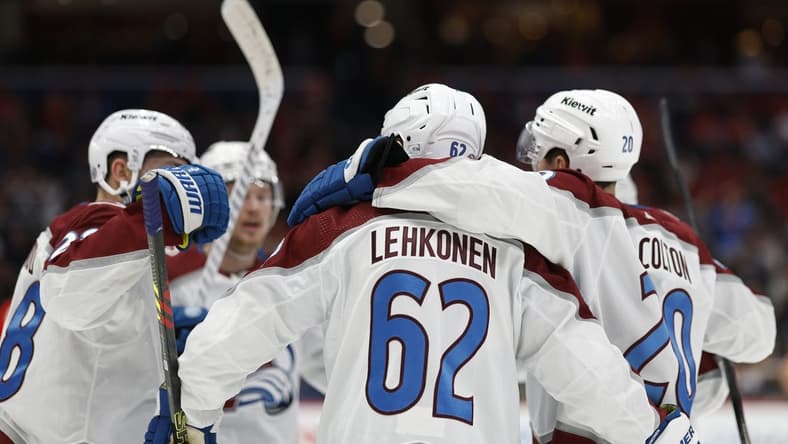 Feb 13, 2024; Washington, District of Columbia, USA; Colorado Avalanche left wing Artturi Lehkonen (62) celebrates with teammates after scoring a goal /W? in the second period at Capital One Arena. Mandatory Credit: Geoff Burke-USA TODAY Sports