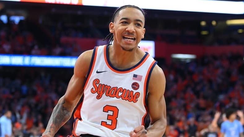 Feb 13, 2024; Syracuse, New York, USA; Syracuse Orange guard Judah Mintz (3) reacts to a play against the North Carolina Tar Heels during the second half at the JMA Wireless Dome. Mandatory Credit: Rich Barnes-USA TODAY Sports