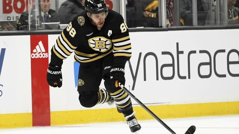 Feb 13, 2024; Boston, Massachusetts, USA;  Boston Bruins right wing David Pastrnak (88) skates with the puck during the third period against the Tampa Bay Lightning at TD Garden. Mandatory Credit: Bob DeChiara-USA TODAY Sports