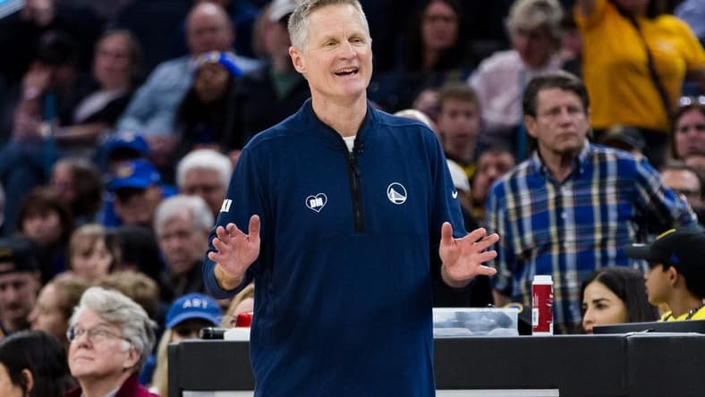 Feb 14, 2024; San Francisco, California, USA; Golden State Warriors head coach Steve Kerr reacts during the second half of the game against the LA Clippers at Chase Center. Mandatory Credit: John Hefti-USA TODAY Sports