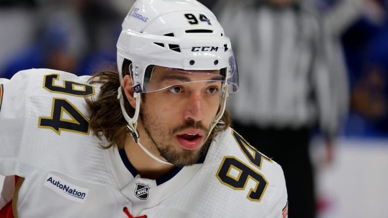 Feb 15, 2024; Buffalo, New York, USA; Florida Panthers left wing Ryan Lomberg (94) waits for the face-off during the first period against the Buffalo Sabres at KeyBank Center. Mandatory Credit: Timothy T. Ludwig-USA TODAY Sports