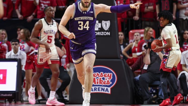 Feb 15, 2024; Piscataway, New Jersey, USA; Northwestern Wildcats center Matthew Nicholson (34) reacts after making a basket against the Rutgers Scarlet Knights during the second half at Jersey Mike's Arena. Mandatory Credit: Vincent Carchietta-USA TODAY Sports