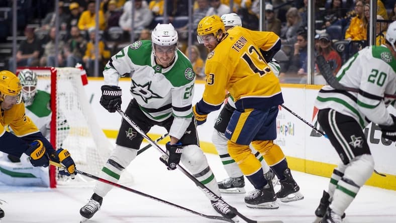 Feb 15, 2024; Nashville, Tennessee, USA; Dallas Stars left wing Mason Marchment (27) skates with the puck against the Nashville Predators during the first period at Bridgestone Arena. Mandatory Credit: Steve Roberts-USA TODAY Sports