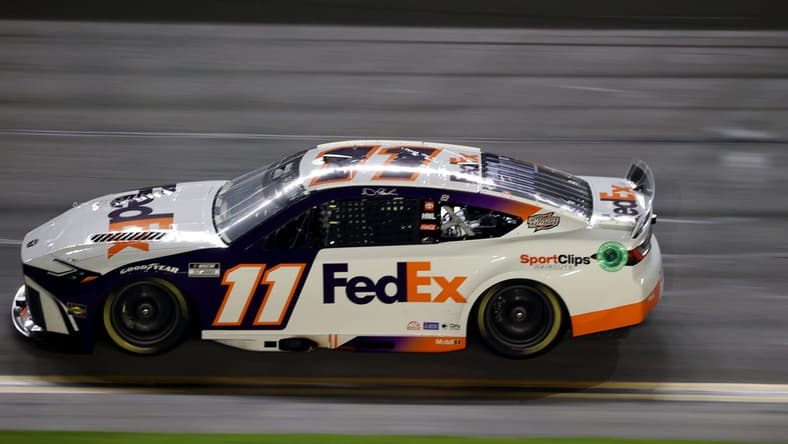 Feb 15, 2024; Daytona Beach, Florida, USA; NASCAR Cup Series driver Denny Hamlin (11) during the Bluegreen Vacations Duel 2 at Daytona International Speedway. Mandatory Credit: Peter Casey-USA TODAY Sports