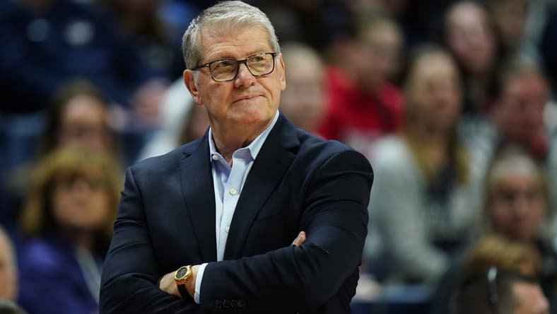 Feb 16, 2024; Storrs, Connecticut, USA; UConn Huskies head coach Geno Auriemma watches from the sideline as they take on the Georgetown Hoyas at Harry A. Gampel Pavilion. Mandatory Credit: David Butler II-USA TODAY Sports
