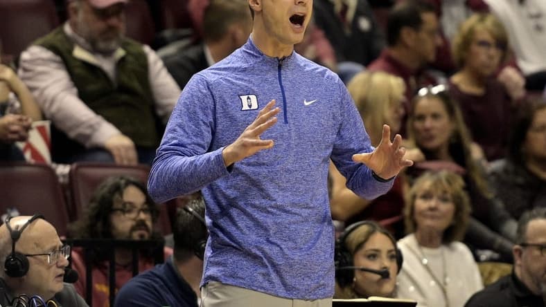 Feb 17, 2024; Tallahassee, Florida, USA; Duke Blue Devils head coach Jon Scheyer during the first half against the Florida State Seminoles at Donald L. Tucker Center. Mandatory Credit: Melina Myers-USA TODAY Sports