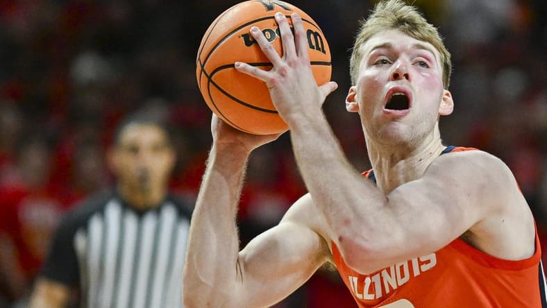 Feb 17, 2024; College Park, Maryland, USA; Illinois Fighting Illini forward Marcus Domask (3) looks to shoot during the first half against the Maryland Terrapins at Xfinity Center. Mandatory Credit: Tommy Gilligan-USA TODAY Sports