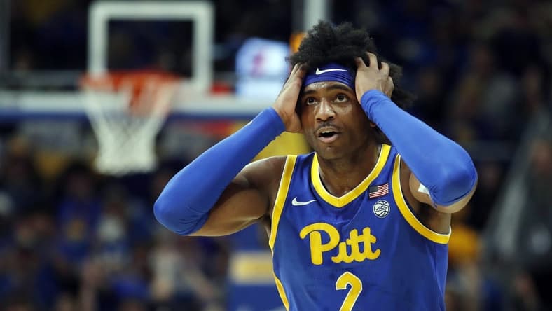 Feb 17, 2024; Pittsburgh, Pennsylvania, USA; Pittsburgh Panthers forward Blake Hinson (2) reacts after making a three point basket against the Louisville Cardinals during the first half at the Petersen Events Center. Pittsburgh won 86-59. Mandatory Credit: Charles LeClaire-USA TODAY Sports