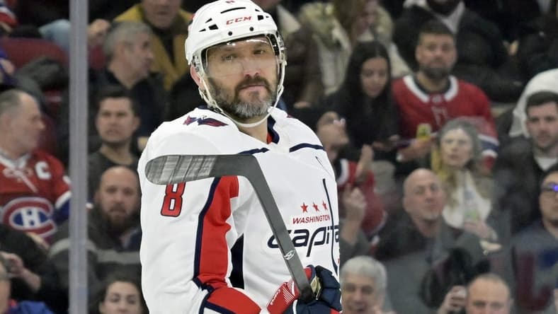 Feb 17, 2024; Montreal, Quebec, CAN; Washington Capitals forward Alex Ovechkin (8) prepares for a face off against the Montreal Canadiens during the third period at the Bell Centre. Mandatory Credit: Eric Bolte-USA TODAY Sports