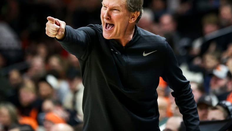 Oregon Ducks head coach Dana Altman calls out to his team during the game against the Oregon State Beavers on Saturday, Feb. 17, 2024 at Gill Coliseum in Corvallis, Ore.