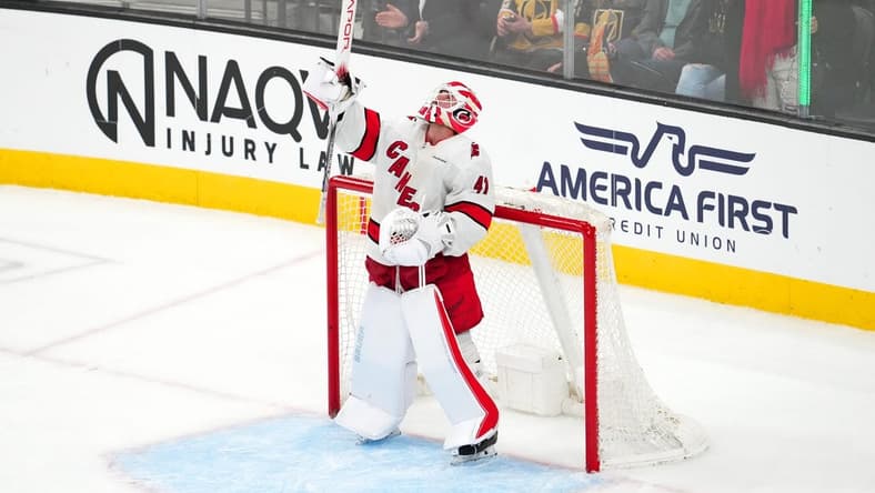 Feb 17, 2024; Las Vegas, Nevada, USA; Carolina Hurricanes goaltender Spencer Martin (41) celebrates after the Hurricanes defeated the Vegas Golden Knights 3-1 at T-Mobile Arena. Mandatory Credit: Stephen R. Sylvanie-USA TODAY Sports
