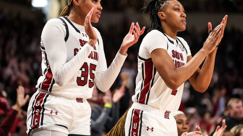 Feb 18, 2024; Columbia, South Carolina, USA; South Carolina Gamecocks center Sakima Walker (35) and forward Ashlyn Watkins (2) cheer from the bench against the Georgia Lady Bulldogs in the second half at Colonial Life Arena. Mandatory Credit: Jeff Blake-USA TODAY Sports