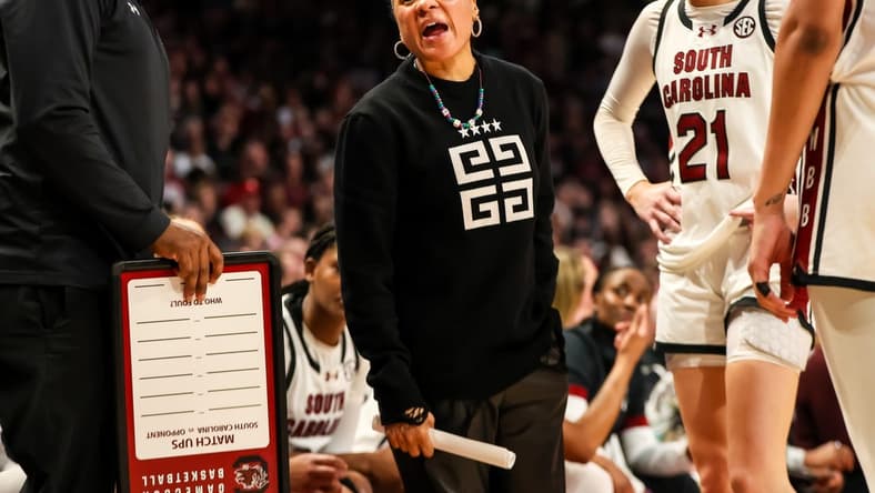 Feb 18, 2024; Columbia, South Carolina, USA; South Carolina Gamecocks head coach Dawn Staley directs her team against the Georgia Lady Bulldogs in the second half at Colonial Life Arena. Mandatory Credit: Jeff Blake-USA TODAY Sports