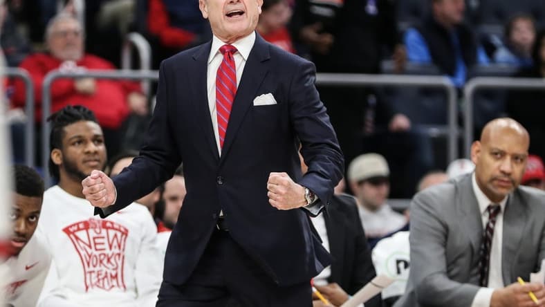 Feb 18, 2024; Elmont, New York, USA; St. John's Red Storm head coach Rick Pitino yells out instructions in the first half against the Seton Hall Pirates at UBS Arena. Mandatory Credit: Wendell Cruz-USA TODAY Sports