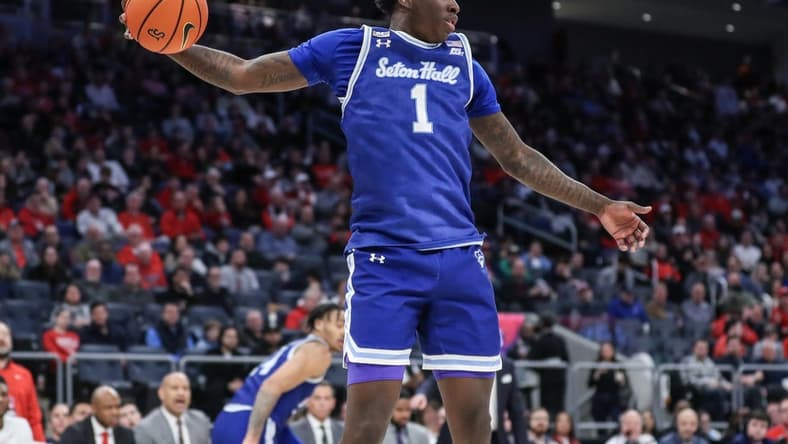 Feb 18, 2024; Elmont, New York, USA; Seton Hall Pirates guard Kadary Richmond (1) grabs a rebound in the second half against the St. John's Red Storm at UBS Arena. Mandatory Credit: Wendell Cruz-USA TODAY Sports