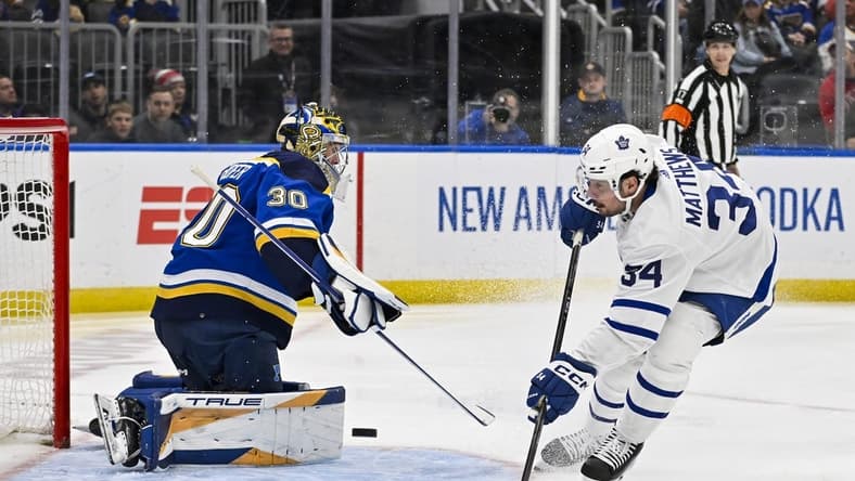 Feb 19, 2024; St. Louis, Missouri, USA;  Toronto Maple Leafs center Auston Matthews (34) shoots against St. Louis Blues goaltender Joel Hofer (30) during the first period at Enterprise Center. Mandatory Credit: Jeff Curry-USA TODAY Sports