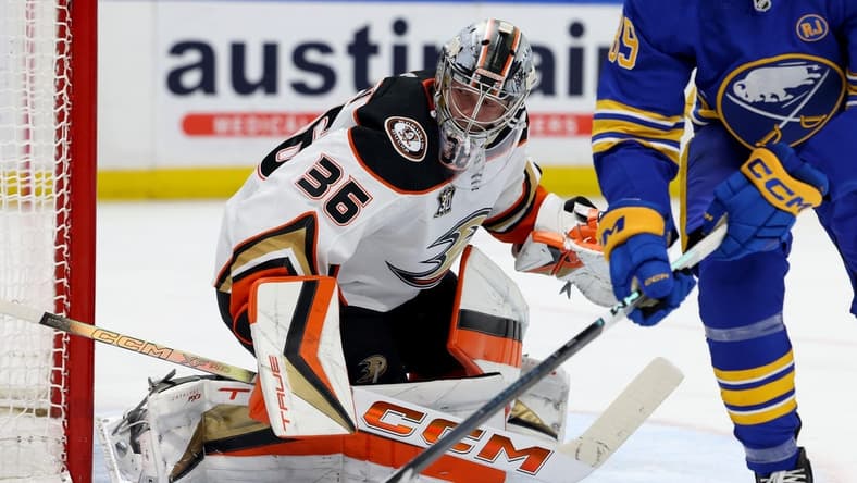 Feb 19, 2024; Buffalo, New York, USA;  Anaheim Ducks goaltender John Gibson (36) looks for the puck during the second period against the Buffalo Sabres at KeyBank Center. Mandatory Credit: Timothy T. Ludwig-USA TODAY Sports