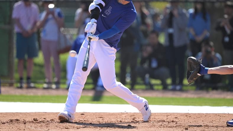 Feb 19, 2024; Glendale, AZ, USA; Los Angeles Dodgers designated hitter Shohei Ohtani (17) takes batting practice during spring training at Camelback Ranch. Mandatory Credit: Jayne Kamin-Oncea-USA TODAY Sports