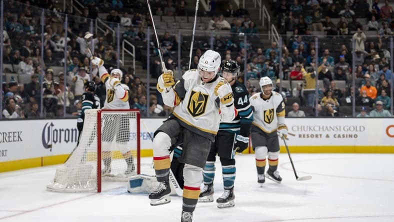 Feb 19, 2024; San Jose, California, USA; Vegas Golden Knights left wing Mason Morelli (11) celebrates after the goal San Jose Sharks during the first period at SAP Center at San Jose. Mandatory Credit: Neville E. Guard-USA TODAY Sports